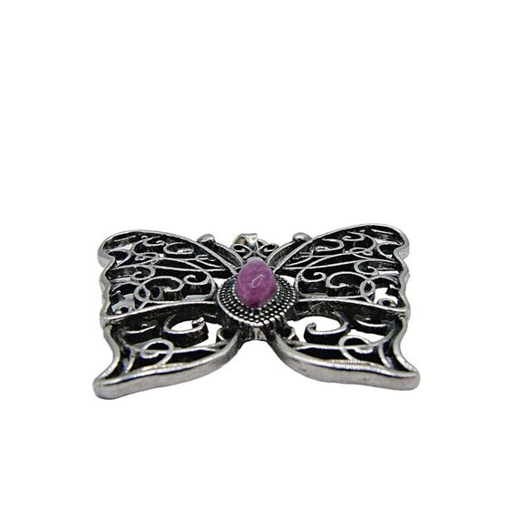 Butterfly Combination Pendant and Brooch Silver Filigree Purple Amethyst Stone - Picture 10 of 11